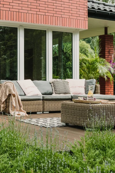 Garden Patio Decorated Scandinavian Wicker Sofa Coffee Table — Stock Photo, Image