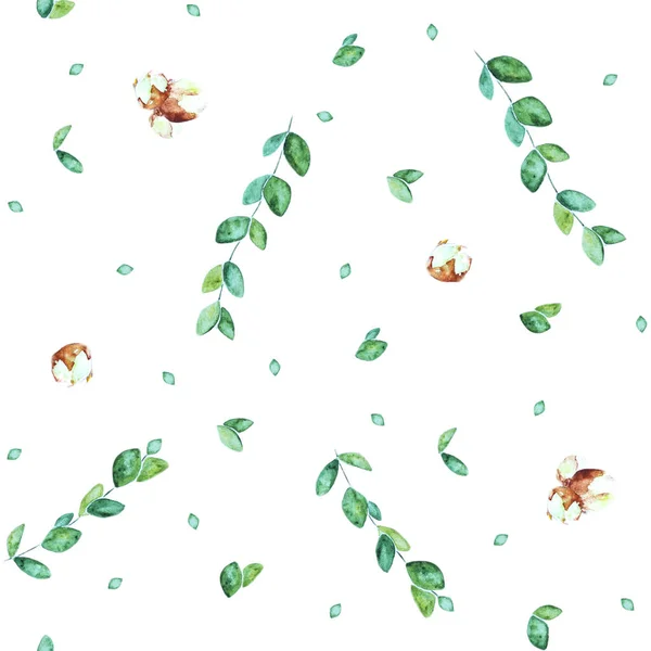 Акварельна Весна Ботанічна Ілюстрація Намальоване Зелене Листя Бутони Ізольовані Білому — стокове фото