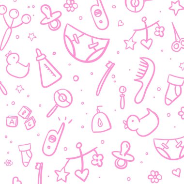 Yeni doğan bebek bakım karikatür doodle nesneleri ve öğeleri kümesi vektör el çekilmiş