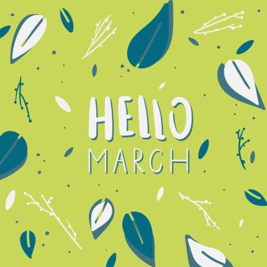 Merhaba Mart vektör illüstrasyon. Renkli soyut çiçek arka plan üzerinde güzel yazı