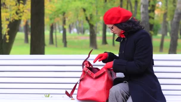 가을 공원에서 벤치에 앉아 가방을 가진 아름다운 여자. — 비디오