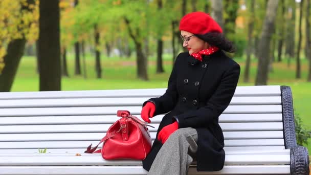 가을 공원에서 벤치에 앉아 가방을 가진 아름다운 여자. — 비디오