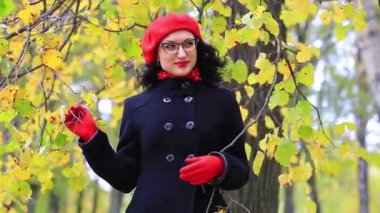 Güzel bir kadın yürür ve sonbahar parkı yansıtır. öğretmenler günü