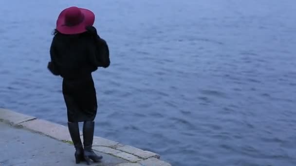 Femme incroyable dans un chapeau rouge sur le fond de l'eau — Video