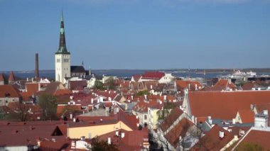 Eski şehir, katedral ve turuncu çatılar ile çevrili dar sokaklar üzerinde Amazing hava Tallinn görünümü.