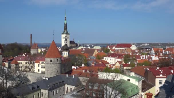 Geweldige luchtfoto Tallinn uitzicht over de oude stad, de kathedraal en de smalle straatjes omringd door oranje daken. — Stockvideo