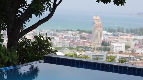 Infinity Pool Overlooks City Skyline - отличный вид на разноцветные дома и отели, деревья, море и небо — стоковое видео