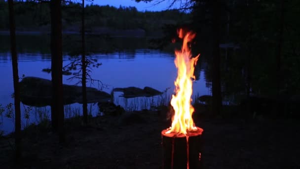 저녁 호수 근처 스웨덴어 또는 핀란드 어 로그 촛불. 밤에 나무 통나무 내부에서 불타는 화재. — 비디오