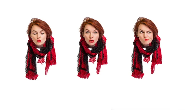 Голова стильной женщины в шарфе, изолированной на белом фоне. Эмоции, настроение, характер — стоковое фото