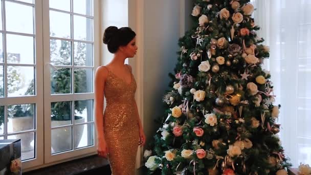 Ένα όμορφο κορίτσι σε ένα βραδινό φόρεμα ονειρεύεται στο δωμάτιο διακοσμημένο με ένα χριστουγεννιάτικο δέντρο. — Αρχείο Βίντεο