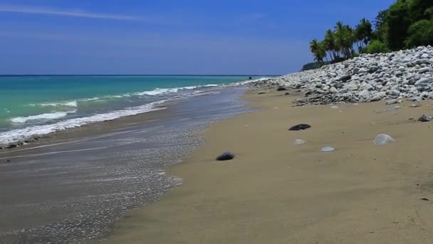 Las olas se arrastran hasta la arena gris y las piedras . — Vídeos de Stock