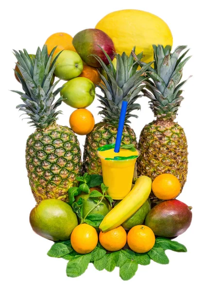 Composition Tropical Fruits White Background — Stock Photo, Image