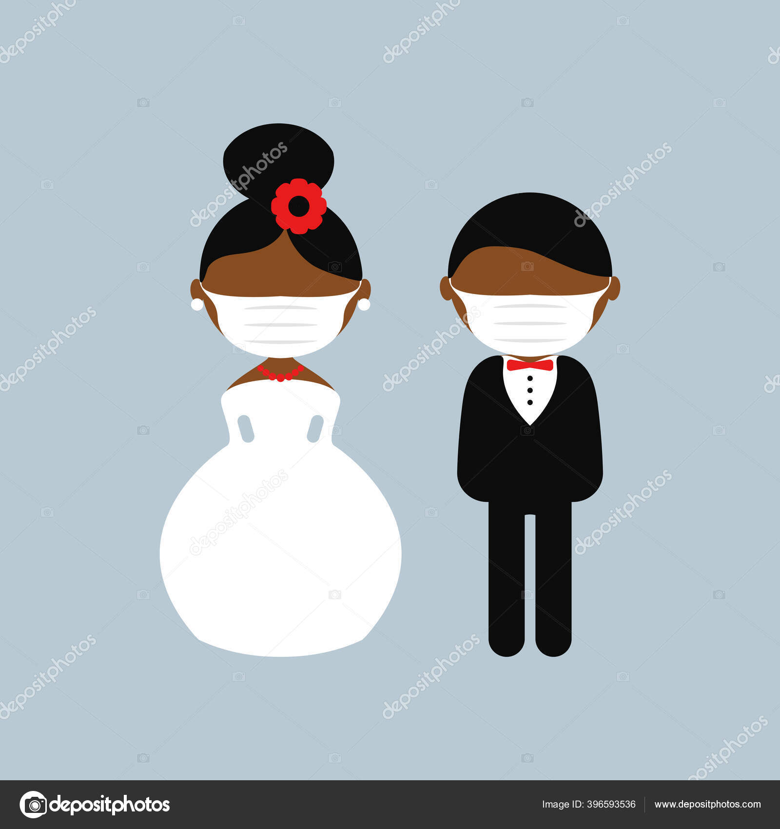 Cartoon Dark Skin Wedding Characters Bride And Groom Wearing Medical Face Mask Couple Newlyweds Vector Flat Avatars Icons Male Female Covid 2019 Corona Virus Black Lives Matter Theme Vector Image By C