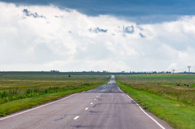 Yeşil çayırların arka planına uzanan yol ufka kadar uzanıyor.