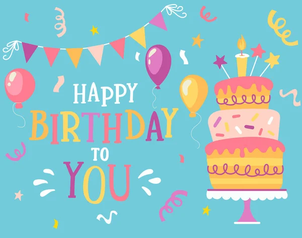 祝你生日快乐排版矢量设计贺卡与气球 五彩纸屑 刻字组合 旗帜和蛋糕 设计模板为生日庆典 — 图库矢量图片
