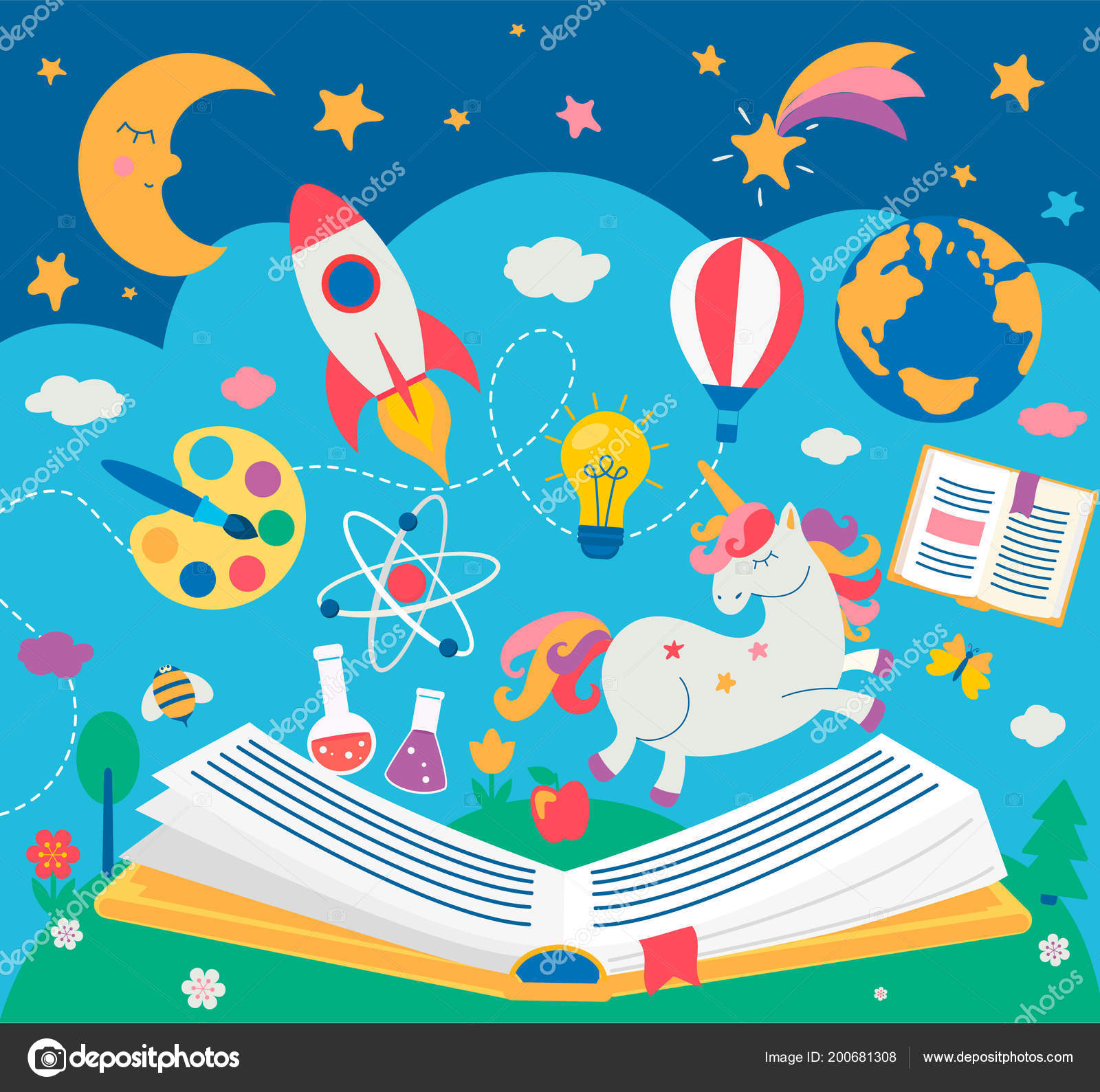 Conceito Educação Infantil Enquanto Livro Livro Aberto Com Muitos Elementos  Vetor de ©tandaV 200681308, image size:1600x1589