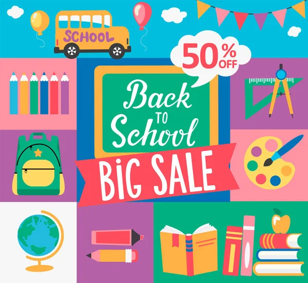 Chalkboard Hand Drawn Lettering Back School Big Sale School Supplies — Stock Vector