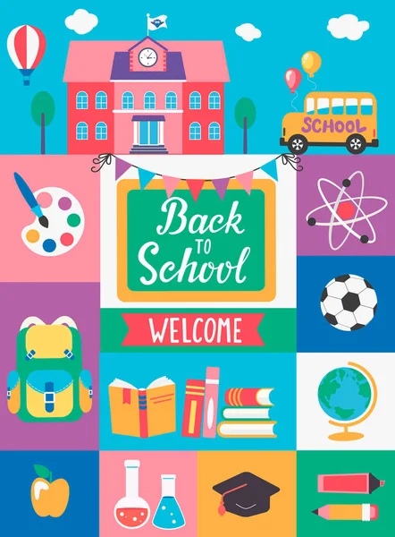 Welcome Back School Different Flat Icons Education Concept Perfect Banners — Stock Vector