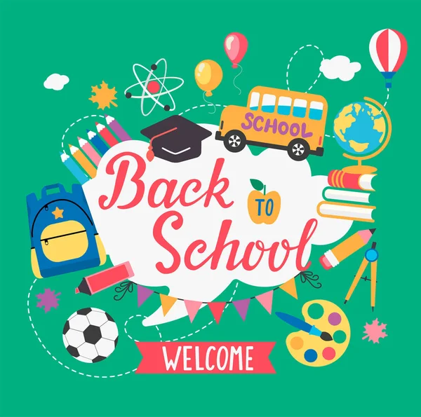 Banner Welcome Back School Different Flat Icons Education Concept Vector — Stock Vector