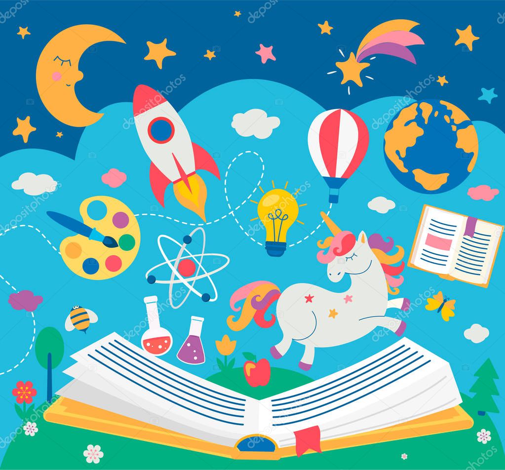 Concept of kids education while reading the book. Open book with many school supplies elements. Vector illustration in flat style.