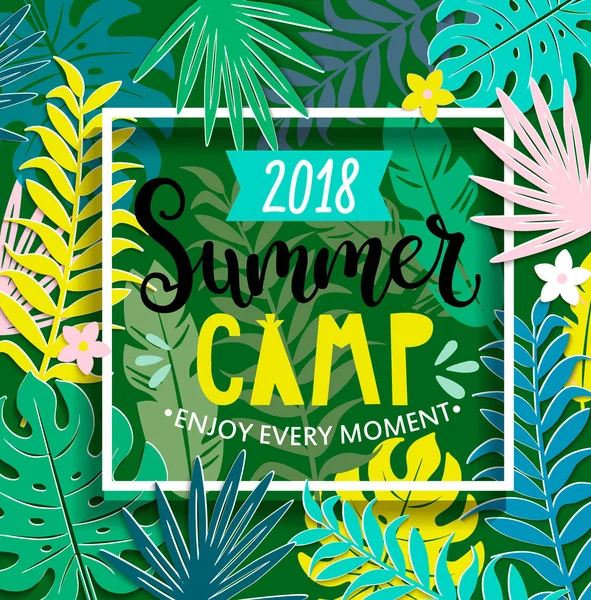 Zomerkamp 2018 Met Handgetekende Letters Vierkante Frame Jungle Achtergrond Met — Stockvector