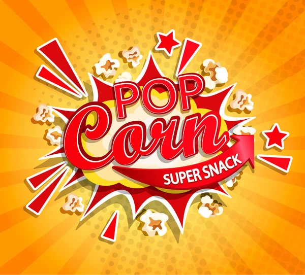 Exploding Label Untuk Popcorn Latar Belakang Sunburst Cemilan Super Kartun - Stok Vektor