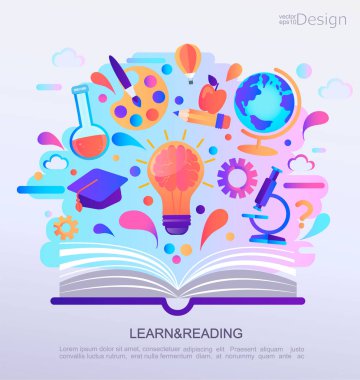 Eğitim Infographic kavramı afiş. Açık kitap işaret ve sembolleri bilgi ile. Okul için arka plan. Vektör çizim.