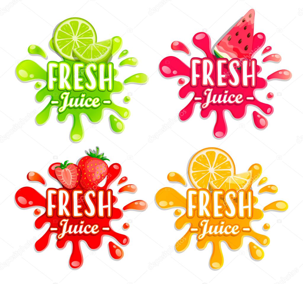 Set of different fruit splashes. Sweet drops and blots. Vector illustrations, isolated on white.