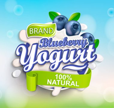 Taze ve doğal Blueberry yoğurt etiket splash bokeh arka plan üzerinde