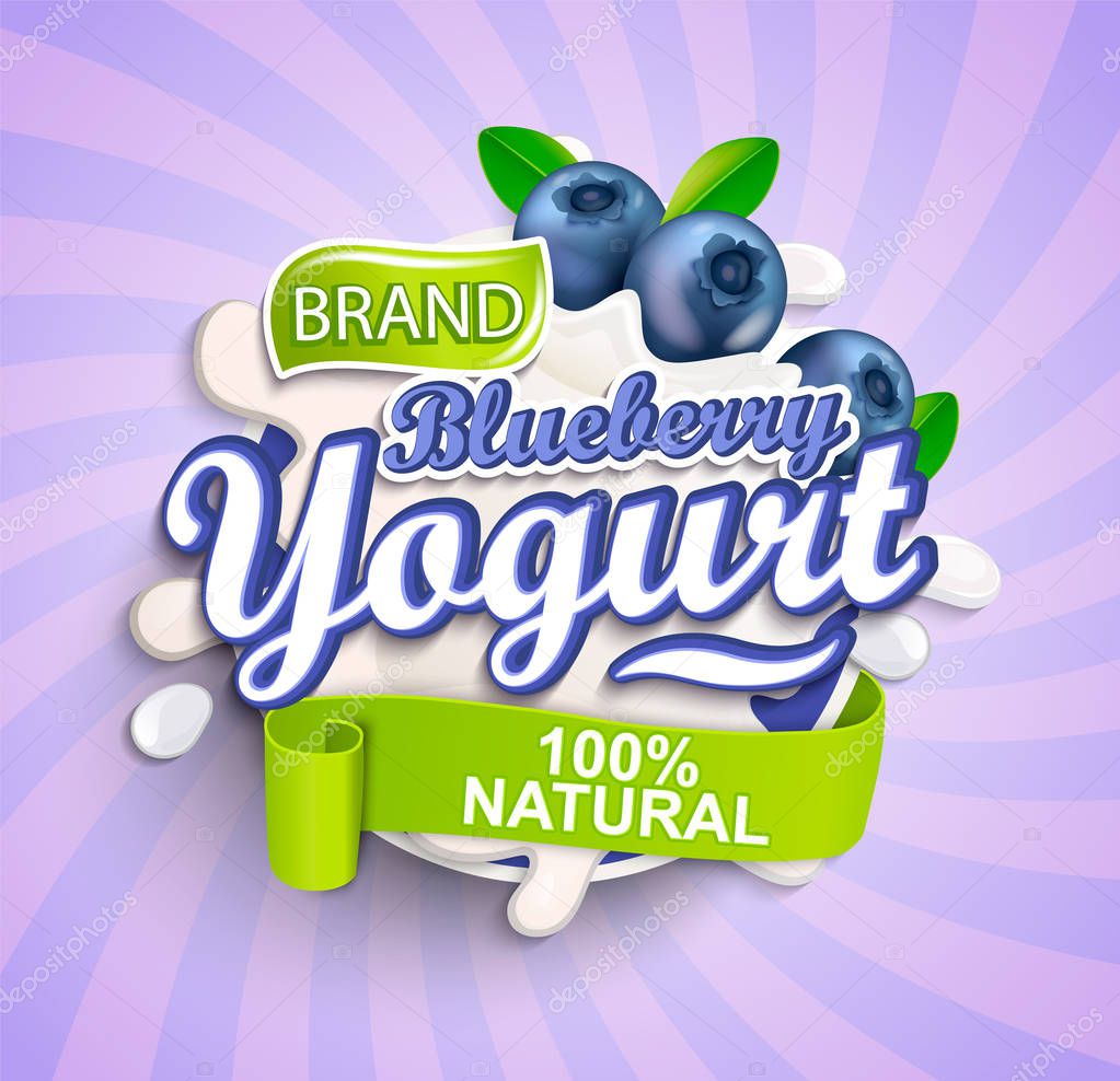 Natural and fresh Blueberry Yogurt label splash on sunburst background.