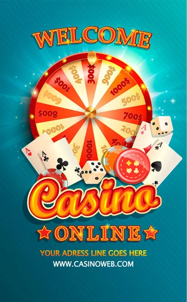 Flyer Voor Casino Met Pokerkaarten Dobbelstenen Chips Wiel Van Fortuin — Stockvector