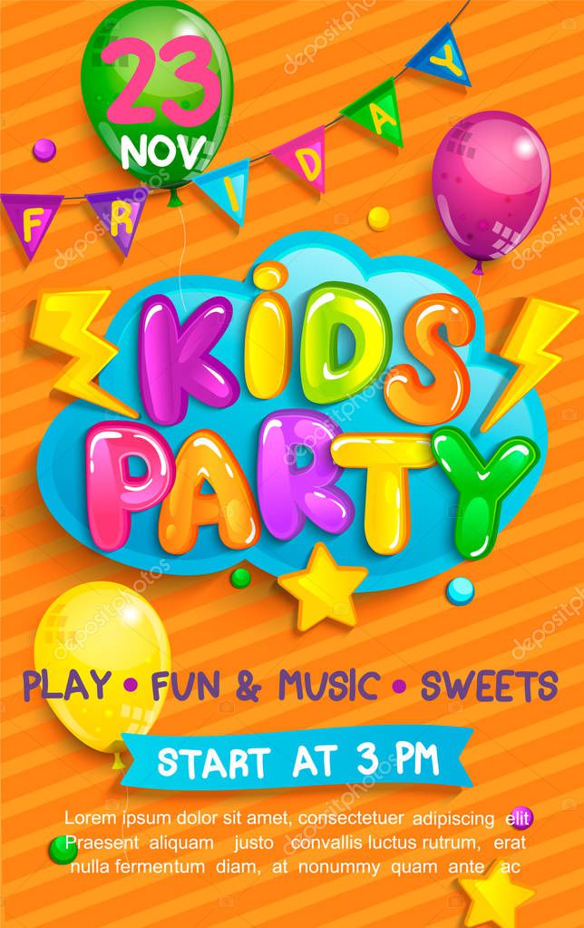 Super Banner for kids party in cartoon style with sunburst background.