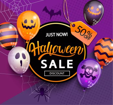 Satış afiş için mutlu Cadılar Bayramı tatil canavar balonlar ile geometrik arka plan üzerinde yazı ile. Web, poster, el ilanları, reklam, promosyon, Bloglar, sosyal medya, pazarlama için kart indirim. Vektör çizim.