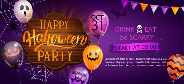 Üdvözöljük Banner Boldog Halloween Party Betűk Tábla Szörny Léggömbök Meghívó — Stock Vector