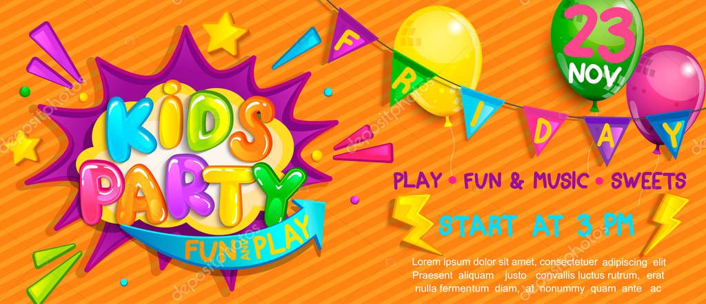 Wide Super kids party Banner in cartoon style with balloons, flags and boom frame.Birthday party, Place for fun and play, kids game room. Poster for children's playroom decoration.Vector illustration.