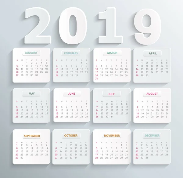 Jednoduchý Kalendář Pro Rok 2019 Mikroregin Událostí Začátek Týdne Neděle — Stockový vektor