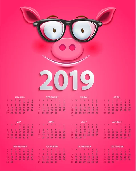 Calendrier Mignon Pour 2019 Année Avec Sourire Visage Porc Intelligent — Image vectorielle
