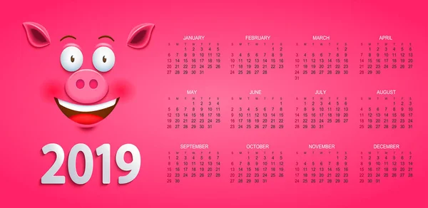 Roztomilý Kalendář Pro Rok 2019 Úsměvem Prasečí Obličej Růžovém Pozadí — Stockový vektor
