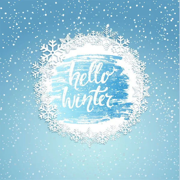 Carte Voeux Hello Winter Avec Cadre Vintage Flocons Neige Salutation — Image vectorielle