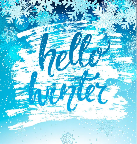 你好冬季贺卡与雪花 迎接新年和圣诞节假期的冬天 手上写着文字 向量例证 — 图库矢量图片