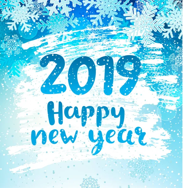 Happy 2019 New Year holidays geeting card with snowflakes on iced and frosted window. Wishing happy holidays holidays, hand drawn lettering. Vector illustration, perfect for use in web design, print.