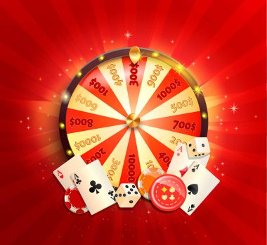 Casino online poker kartları, zar, cips, servet tekerlek ve kumar diğer tasarım öğelerini yürütme ile el ilanı. Parlak kırmızı bir arka plan üzerinde başlık sayfası veya poster şablonu. Vektör çizim.