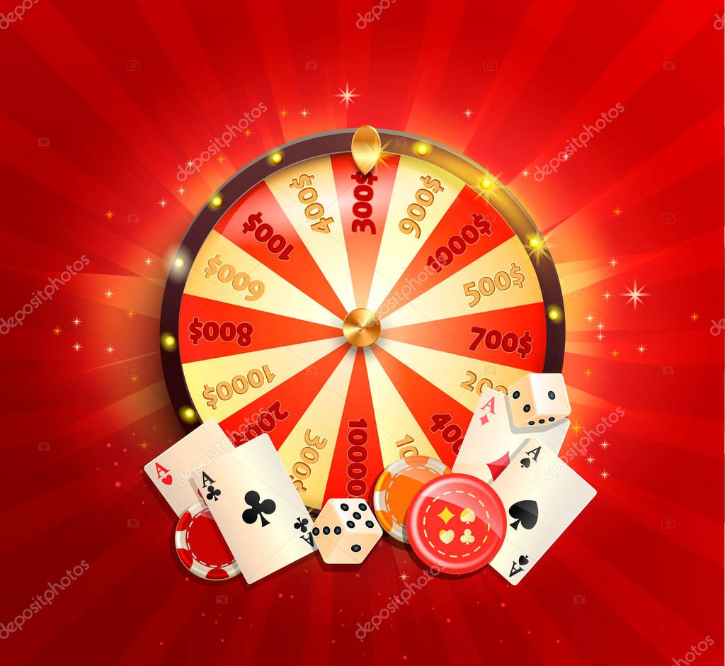 Flyer for casino online with poker cards, playing dice, chips, fortune wheel and other gambling design elements. Banner or poster template on shiny red background. Vector illustration.