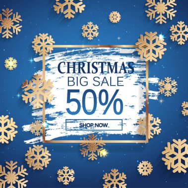 Noel büyük satış altın afiş kare çerçeve ve soğuk penceresinde kar taneleri ile. web, poster, el ilanları, reklam, promosyon, Bloglar, sosyal medya, pazarlama için yüzde 50 indirim kartı. Vektör çizim.