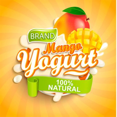 Taze ve doğal Mango yoğurt etiket splash sunburst arka planda marka, logo, şablon, etiket, bakkal, tarım mağazaları, paketleme ve reklam için amblem için. Vektör çizim.