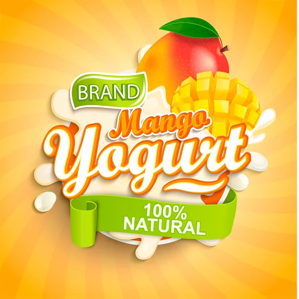 Frische Und Natürliche Mango Joghurt Etikett Spritzer Auf Sonnenbrand Hintergrund — Stockvektor