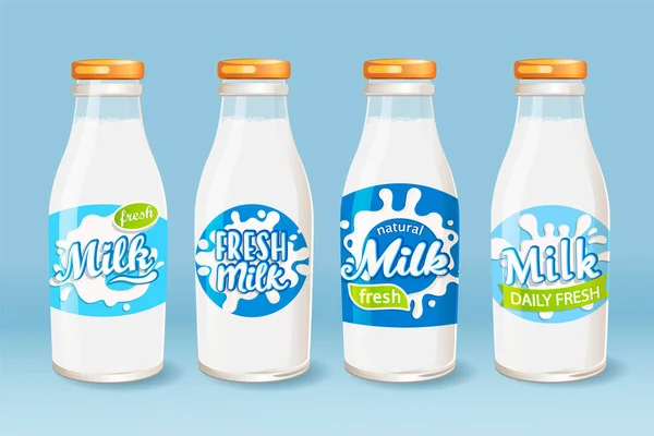 Uppsättning Mjölk Glasflaskor Med Olika Etiketter Fräsch Och Naturlig Mjölk — Stock vektor