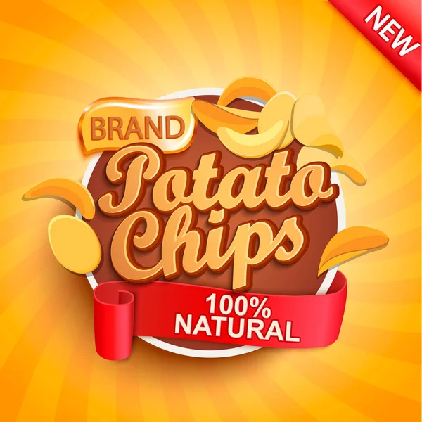 Patates cipsi altın sunburst background.100 yüzde doğal, organik ve taze sağlıklı gıda. Marka, el ilanları, web, posterler ve reklam, için şablon mükemmel promosyonlar, pazarlama, paketleme. Vektör çizim