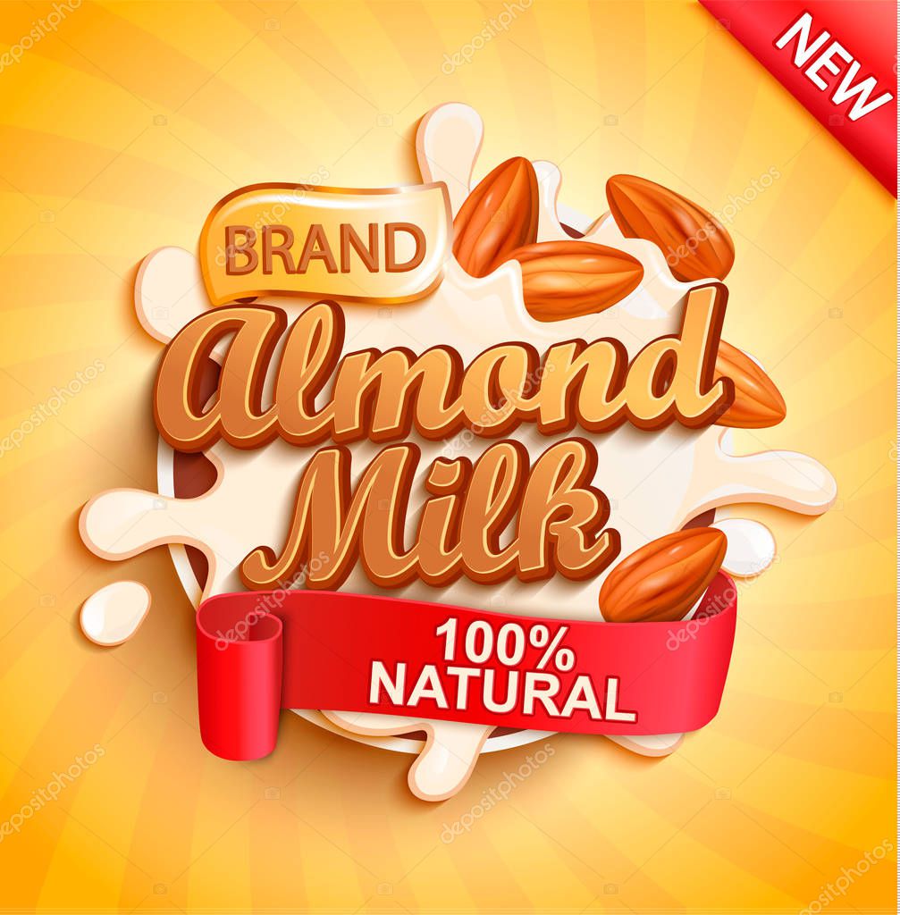 Almond milk with almonds and milky splash. 100 percent natural, organic and fresh healthy drink. Perfect for your advertising and packaging cosmetics or dairy products. Vector illustration.
