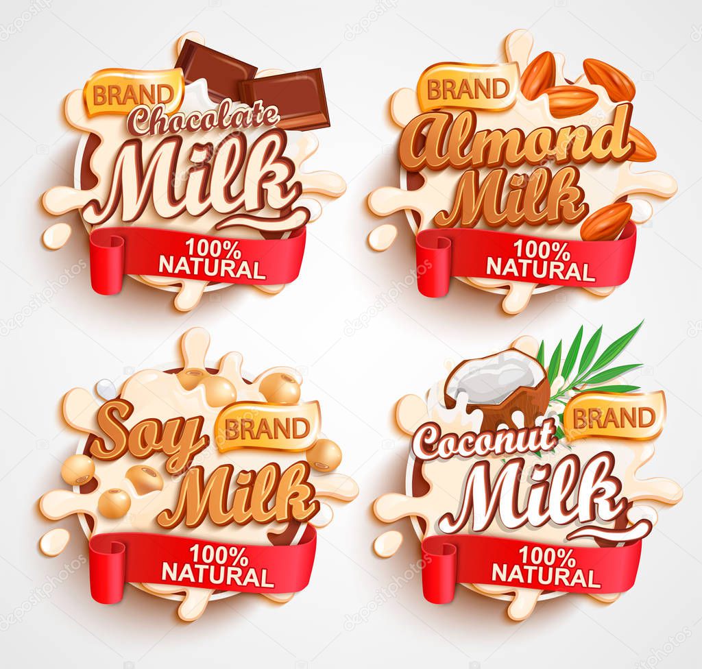 Almond, chocolate, soy, coconut milk labels with milky splashes.